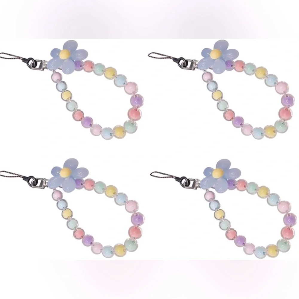 Colorful Pastel Beaded Flower Wrist Phone Lanyard Bracelet Keychain NWT